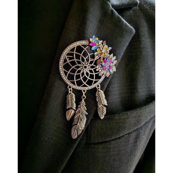 Large Dream Catcher Jeweled Brooch with Dangling Feathers 4 - Picture 2 of 8